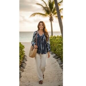 Knox Rose Blue Tie Dye Boho‎ Peasant Blouse Long Sleeve Ladder Trim Large